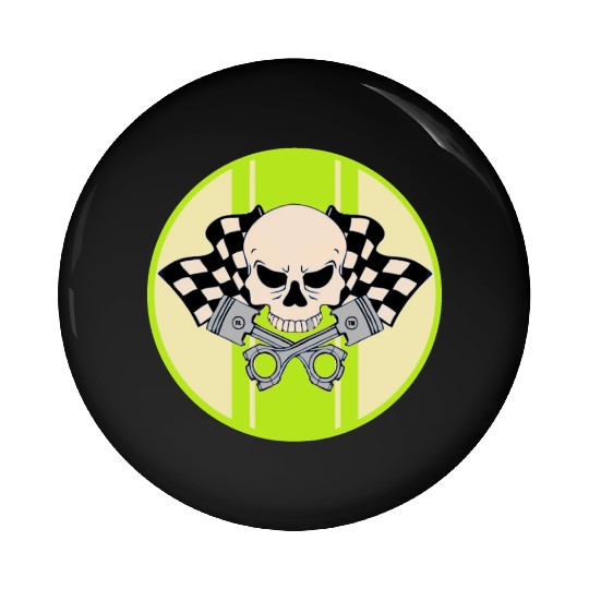 Light green racing stripe with skull and pistons Pin Buttons