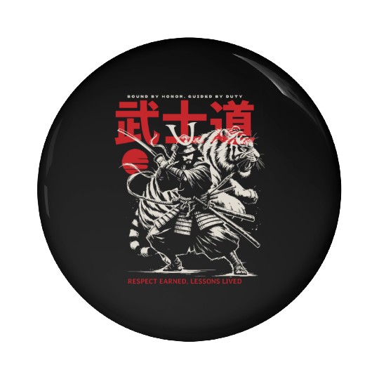Japanese Samurai with Katana, Kanji Typography Pin Buttons