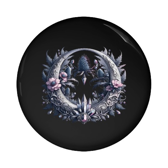 Crescent moon in silver, with crystals and flowers Pin Buttons