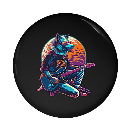 Blue Wolf Moon Guitar Player Retro Sunglasses Pin Buttons