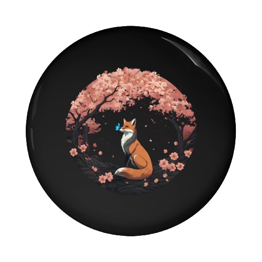 Cherry Blossom Fox Mythical Kitsune with Butterfly Pin Buttons