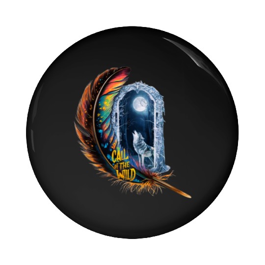 Glowing feather with wolf howling at the moon Pin Buttons