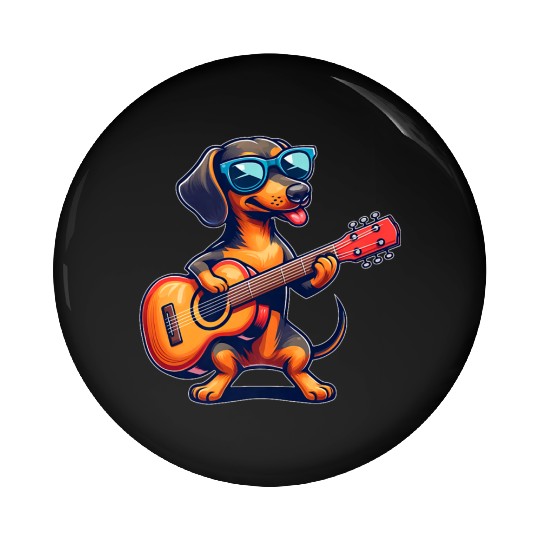 Cute Dachshund Guitar Player Sunglasses Pin Buttons