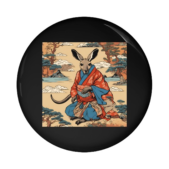 Retro Ukiyo-e Style Kangaroo Caricature Pin Buttons