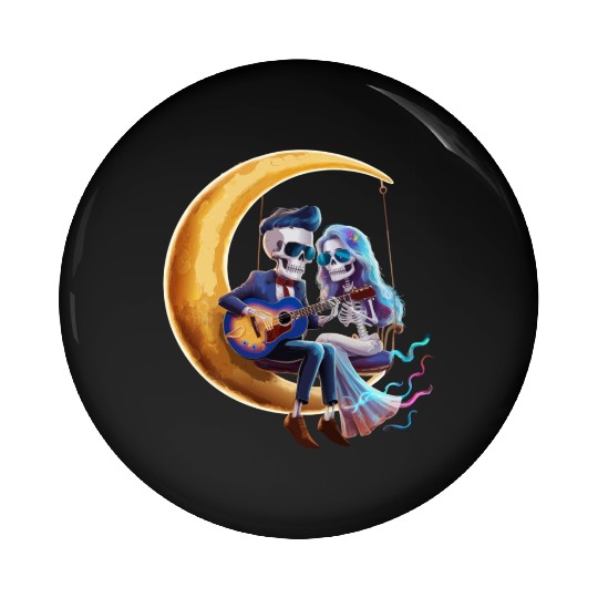 Skeleton Playing Guitar with Girlfriend on Moon Pin Buttons