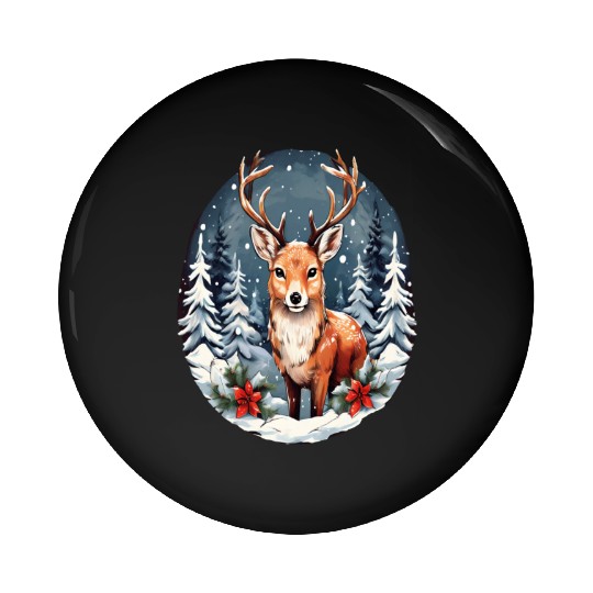 Christmas Deer with Poinsettia and Snow Pin Buttons