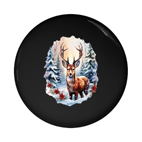 Christmas Deer with Poinsettia and Snow Pin Buttons