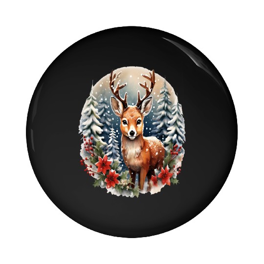 Christmas Deer with Poinsettia and Snow Pin Buttons