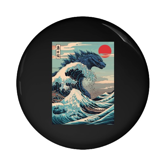 Kaiju Monster Japanese Great Wave Anime Graphic Pin Buttons