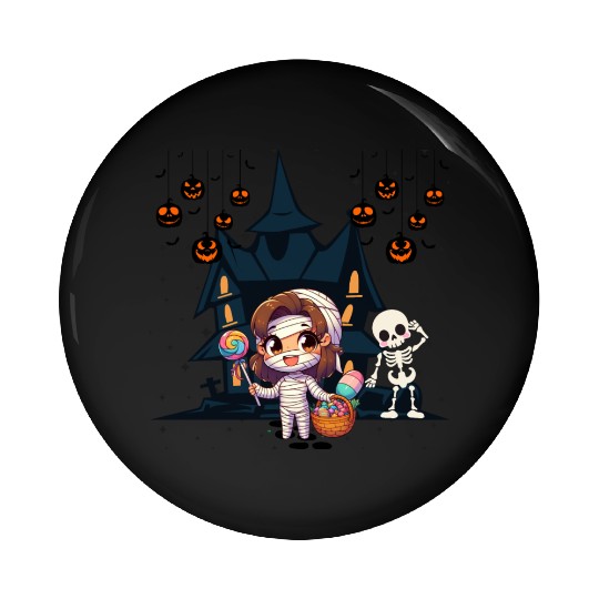 Friendly mummy and skeleton illustration Pin Buttons