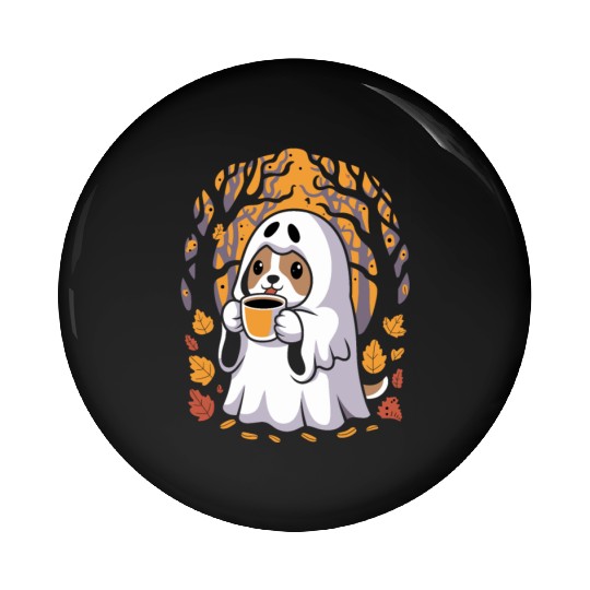 Cute Ghost Dog Sipping Coffee Halloween Pin Buttons