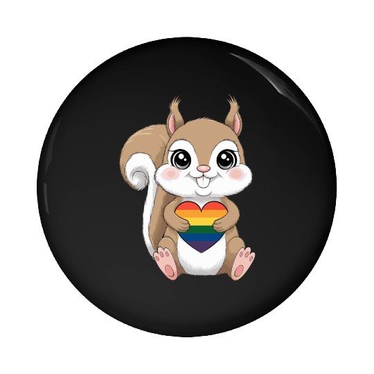 Cute Squirrel Holding Rainbow Heart LGTBQ Love Pin Buttons