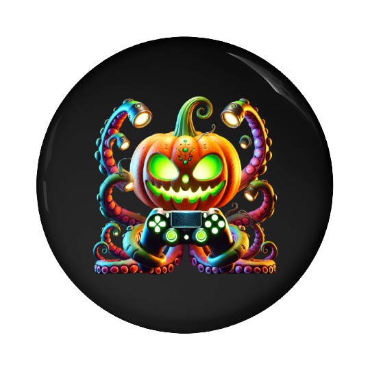 Octopus Pumpkin Gamer with Glowing Halloween Vibes Pin Buttons