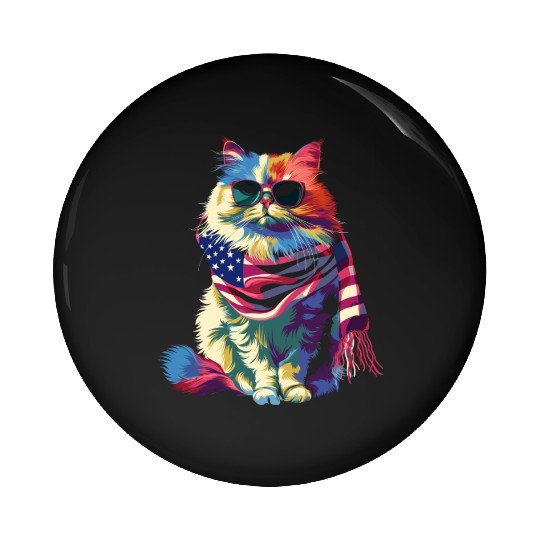 Persian Cat Patriotic US Flag Sunglasses Popart Pin Buttons