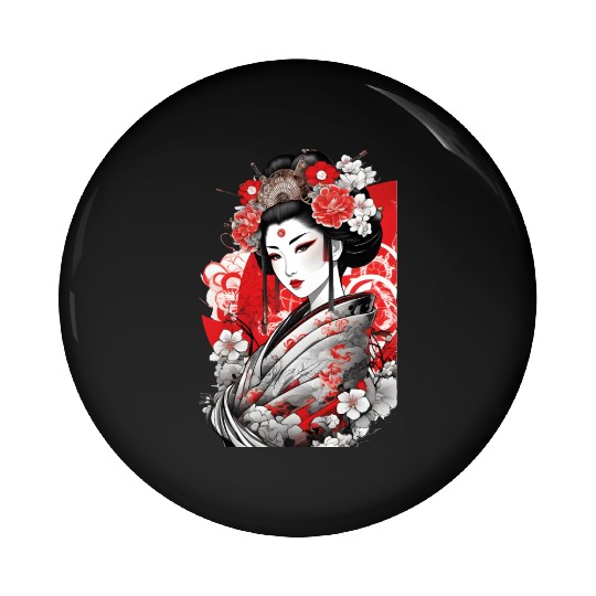Elegant Geisha with Floral Kimono Pin Buttons