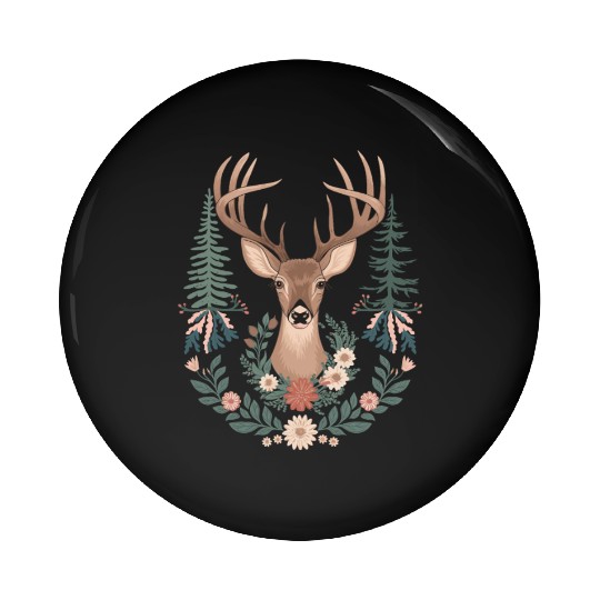 Cottagecore Deer with Floral Wreath and Evergreen Pin Buttons
