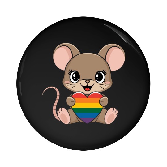Cute Mouse Holding LGTBQ Rainbow Heart Pin Buttons