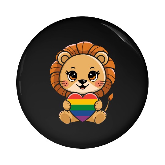 Cute Lion Holding Rainbow Heart LGTBQ Pride Pin Buttons