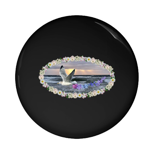 sea beach sunset seagull kitsch flashy magic Pin Buttons