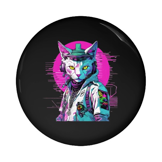Neon Cyberpunk Warrior Cat Pin Buttons