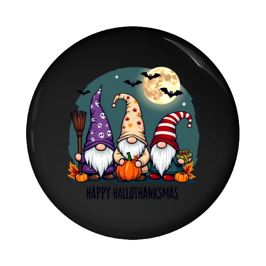 Happy Hallothanksmas Gnomes Celebration with Bats Pin Buttons