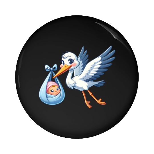 Stork Carrying Newborn Baby in Blue Blanket - Pin Buttons