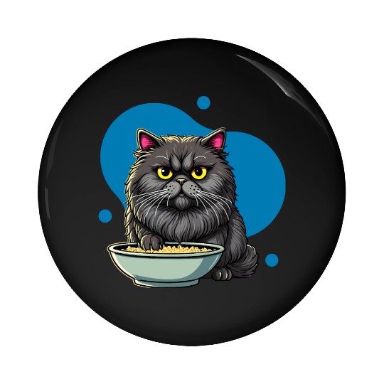 Persian Cat with Food Bowl - Adorable Cartoon Styl Pin Buttons
