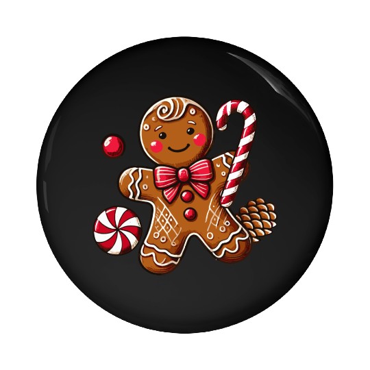 Happy gingerbread man with candy cane Pin Buttons