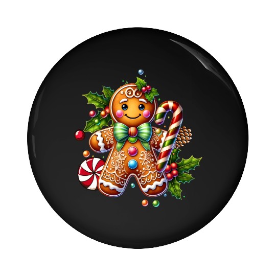 Happy gingerbread man with candy cane Pin Buttons