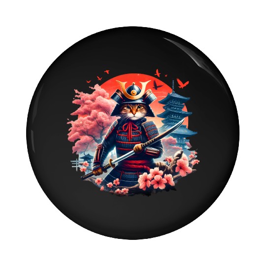 Samurai Cat Graphic Warrior Vintage Japanese Anime Pin Buttons