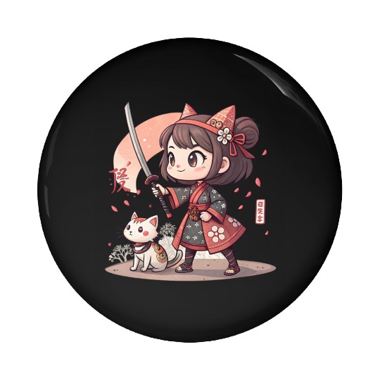 Adorable Anime Samurai Girl: Cat & Katana Design Pin Buttons