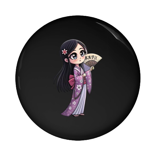 Cute Chibi Geisha Anime Inspired Kimono Design Pin Buttons