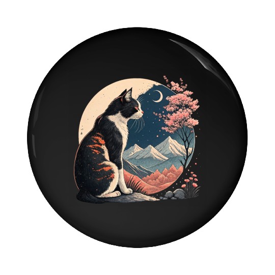 Nighttime Serenity: Cat, Cherry Blossoms, Mountain Pin Buttons
