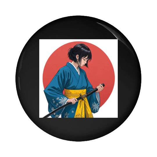 Blossom and Blade: Kimono-Clad Warrior Girl, Japan Pin Buttons
