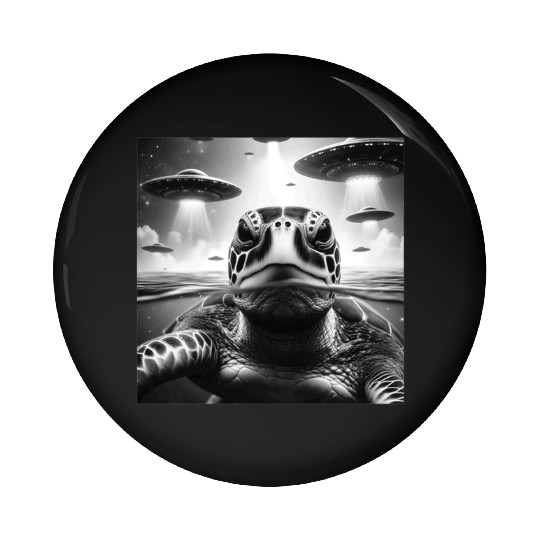 Sea Turtle Funny Graphic Selfie with UFOs Weird A Pin Buttons