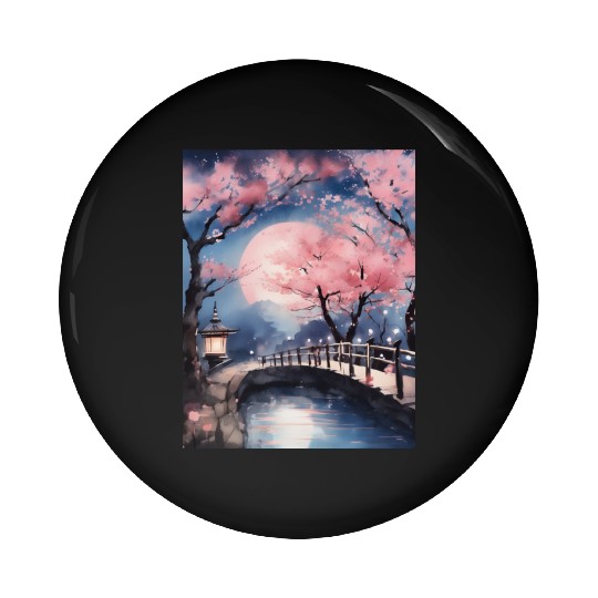 Watercolor cherry blossom festival full moon Pin Buttons
