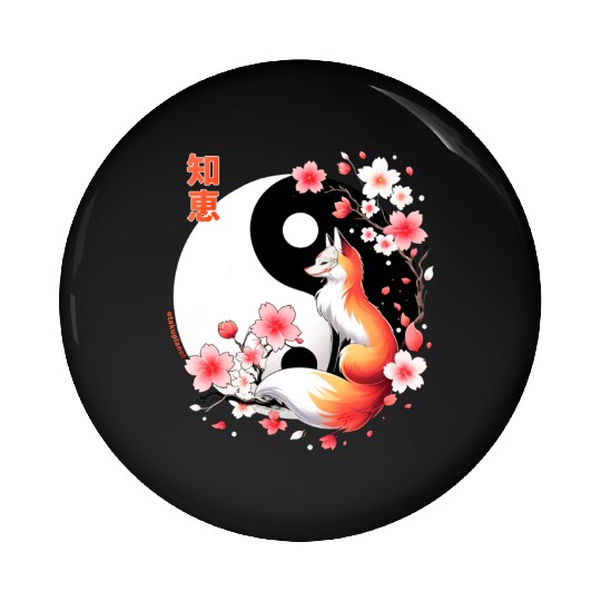 fox kitsune with cherry blossom in retro aesthetic Pin Buttons