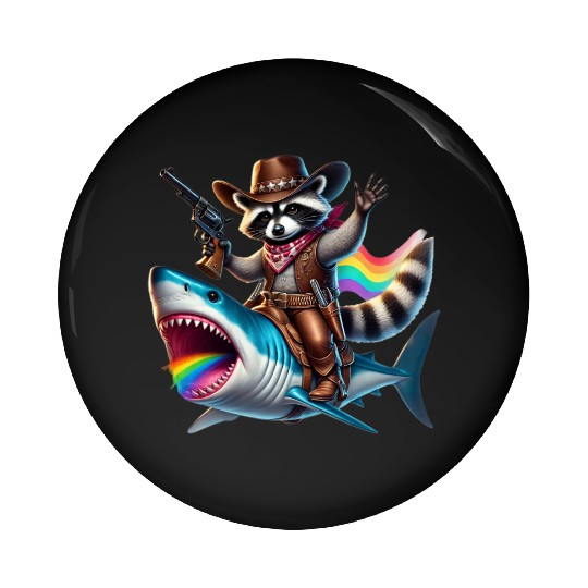 Funny Vintage Cowboy Raccoon Shark Rainbow Art Pin Buttons