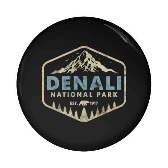 Retro Denali National Park Mountains Nature Hiking Pin Buttons