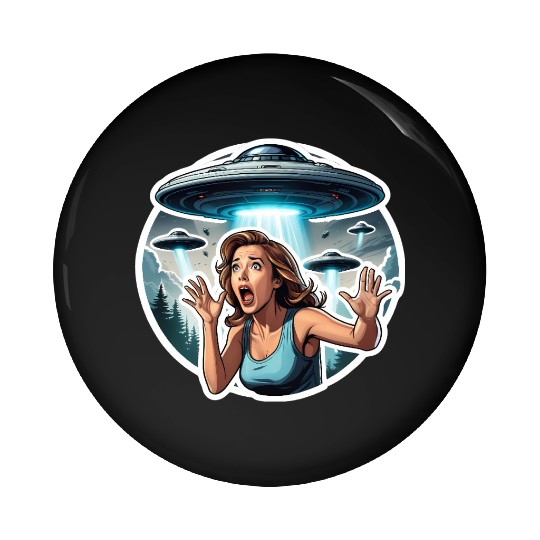 Alien Invasion: woman in running for her life Pin Buttons