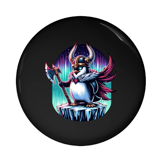 Viking Penguin Warrior Under Northern Lights Pin Buttons