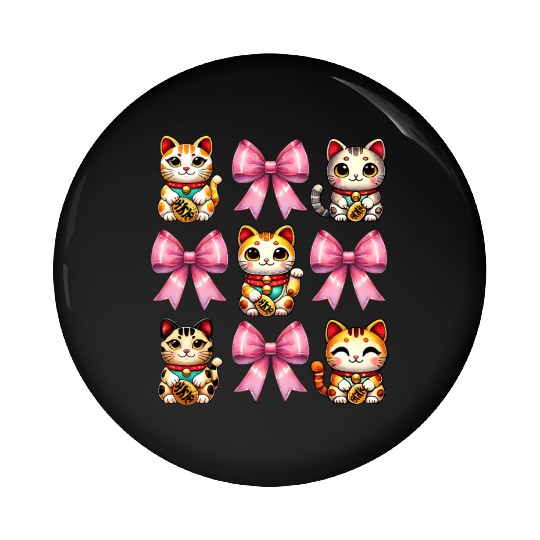Coquette Bow Maneki Neko Japanese Cat Lucky Pink Pin Buttons