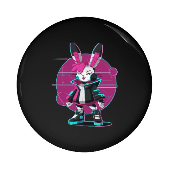 Cyber Bunny with Futuristic Style and Neon Colors Pin Buttons