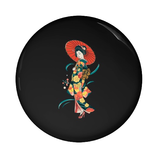 Elegant Geisha with Red Parasol and Floral Kimono Pin Buttons