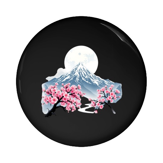 Japanese mount fuji Sakura tree Cherry blossom Pin Buttons