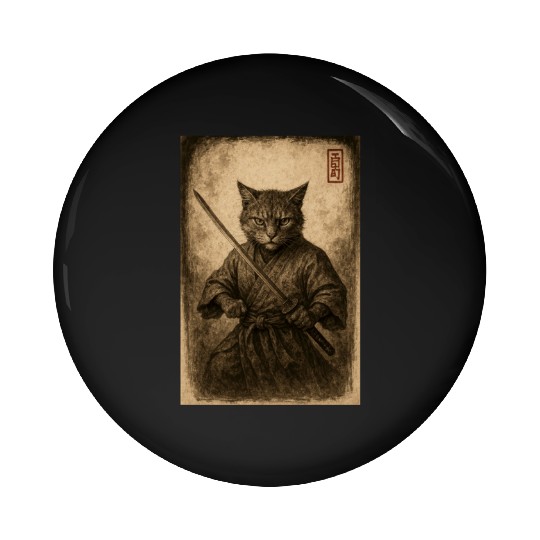 Samurai Cat in Vintage Style Pin Buttons