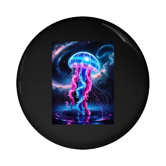 A mesmerizing neon jellyfish gracefully floating Pin Buttons
