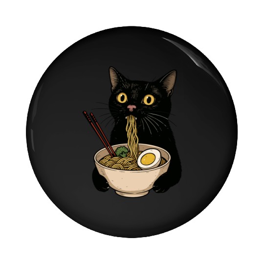 Black Cat Eating Ramen Noodles, Cute Japanese Food Pin Buttons