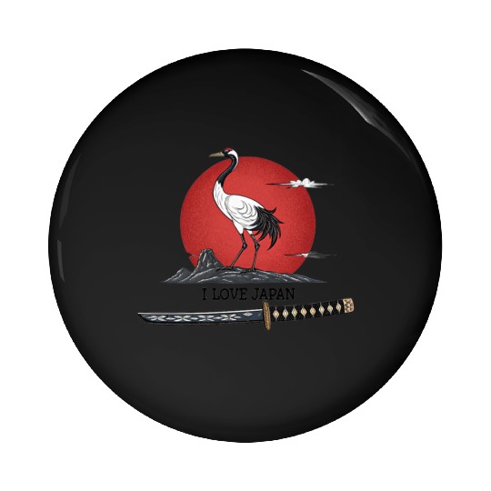 Japanese Crane with Katana and MounT FUJI POSTER Pin Buttons