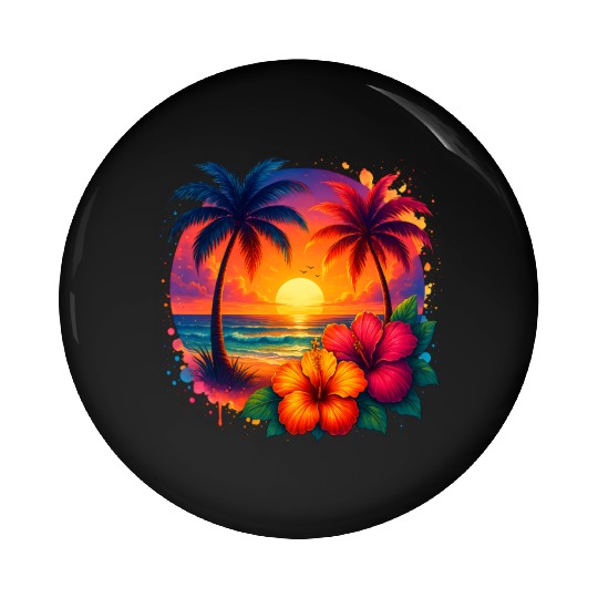 Tropical Sunset Palm Trees and Hibiscus Pin Buttons